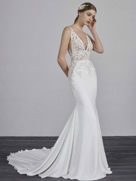 Berta 2019 Mermaid Beach Wedding Dresses Long Sleeve Backless Lace  Applique Bridal Gowns Sexy Illusion Bodice