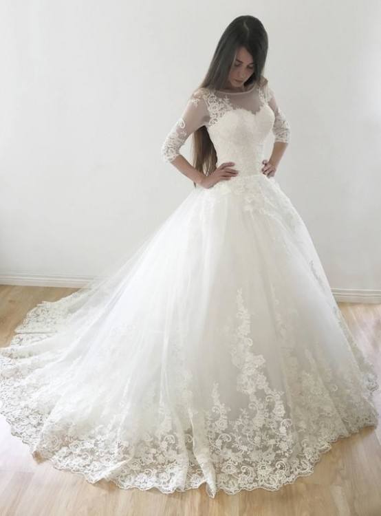 Luxury Long Tail Wedding Dress Lace Wedding Gown Crystal Formal Wedding Dresses (Color:c0