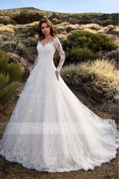 Chic 2017 Blush 2 In 1 Lace Appliques Long Sleeve Wedding Dresses Bridal Gowns With Bateau Neck Covered Button Back Cheap Wedding Dress Wedding Dress With