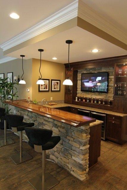 Interior : Beautiful Basement Wet Bar Design Using Grey Marble Countertop  Also Brick Stone Wall Plus Glass Pendant Lamp How to Build Basement Bar  Ideas in