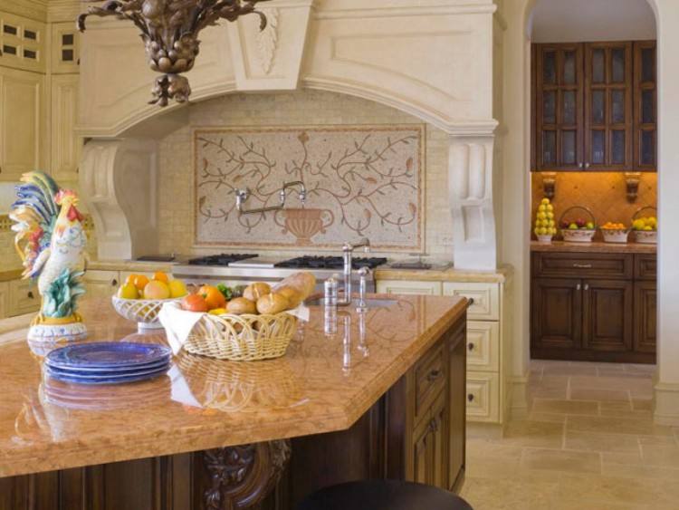 This backsplash shows how contrasting patterns and materials can create a beautiful focal point
