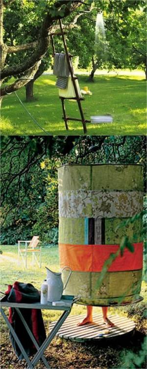 If you want a simple outdoor shower enclosure, take two large hula hoops like these 36″ ones,