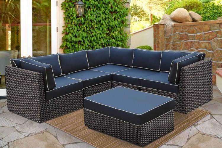 Aluminum & Resin Wicker Sectional Sofa Group in Cast Lagoon with 32″ Square Woven/Glass Top Coffee Table