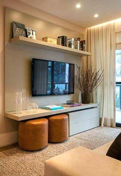 Stunning Small Tv Room Design Ideas With White Varnished Wooden Tv Cabinet On White Laminated Floor Plus Glass Window Also White Varnished Wooden Frame