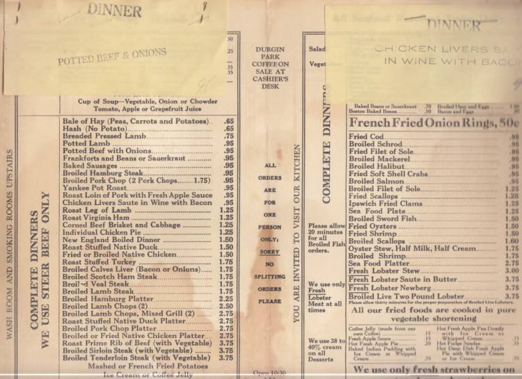 A menu for DurginPark Market Dining Rooms reads 'DurginPark Market Dining Rooms' from 1964