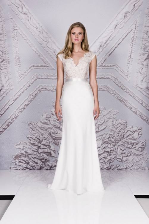 Cara a lace wedding gown with cap sleeves and chiffon by Truvelle | www