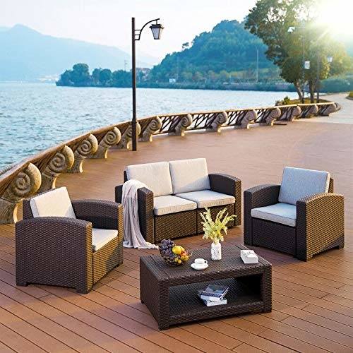 Pamapic 4 Piece Outdoor Patio Wicker Furniture Sets with Cushions Unique Design with Round Rattan PE Rattan Outdoor Sectional Sofa and Table with Adjustable