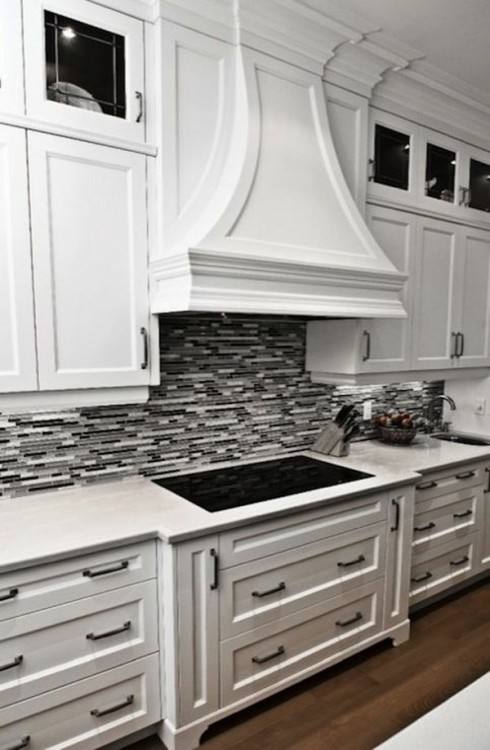 Kitchen : Briliant Kitchen Design With Black Kitchen Stove And White Subway Tile  Backsplash Also L Shape White Kitchen Cabinet Creative Subway Tile