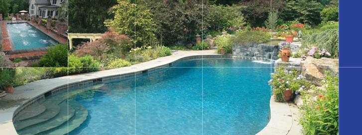Luxury in ground swimming pool with waterfalls and fire pit design and  installation Mahwah NJ