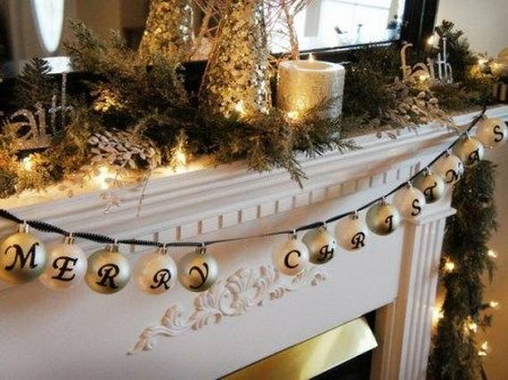 DIY wooden Christmas tree replicas and handmade snowflakes adorn the fireplace