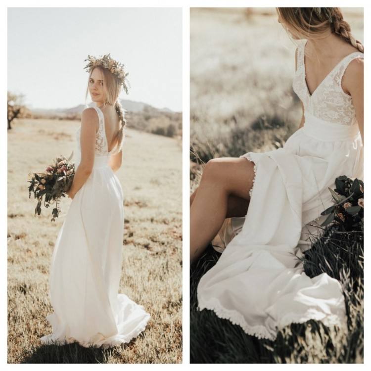 Boho Square Empire Backless Long Lace Wedding Dress With Sash And Flower