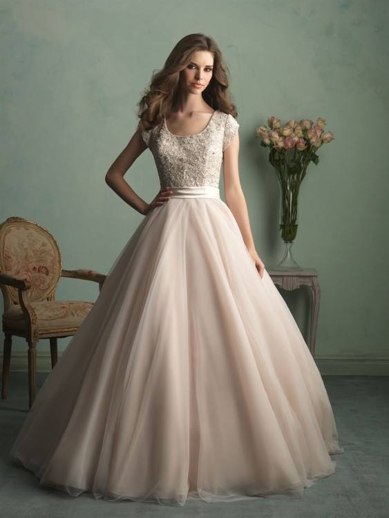 Allure Modest, M533; This timeless ballgown features a lacy bodice paired with layers of dreamy tulle