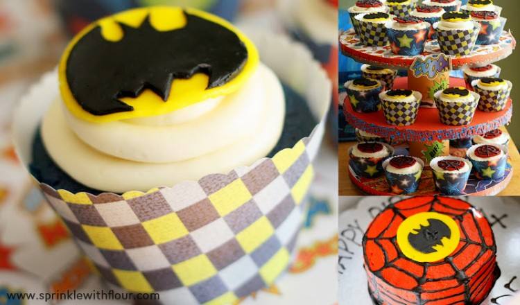 Bright and colourful cupcakes and cake pops decorated as Batman, Spiderman, Superman and Hulk